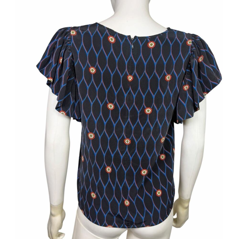 Kenzo x H&M Women's 8 Blue Red White Silk Pattern Ruffle Sleeve Blouse EUC - Picture 2 of 4